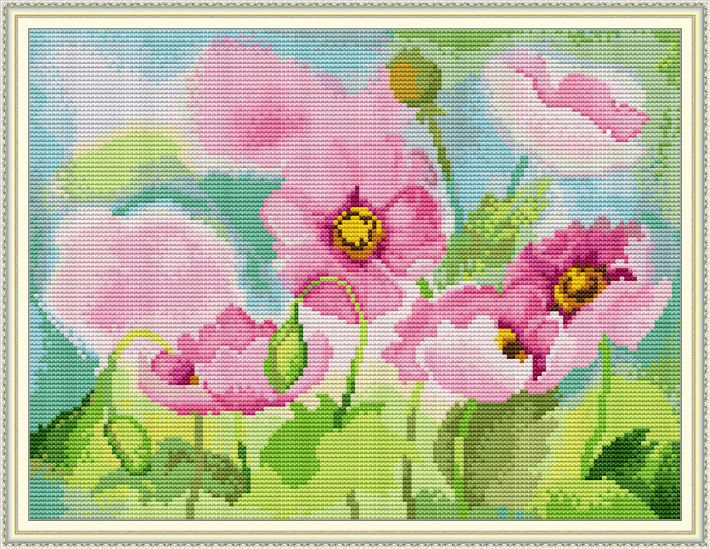 Kreuzstich | Zarte Rosa Blumen - 15 x 11 cm