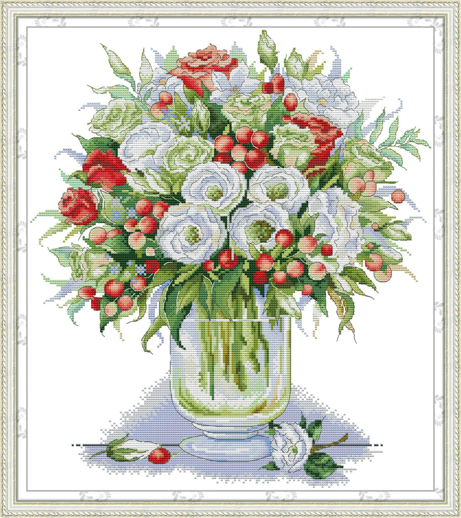 Kreuzstich | Strauß mit weißen Rosen - 18 x 21 cm