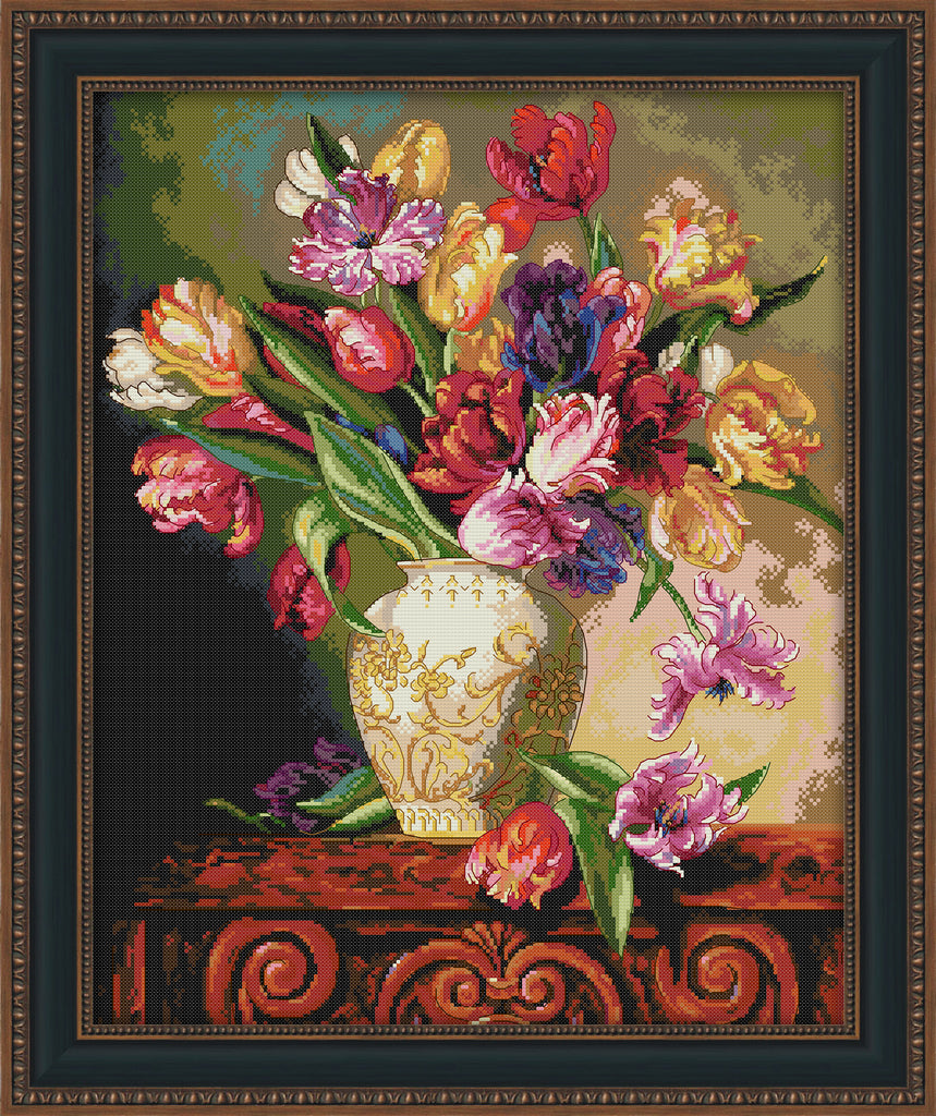 Kreuzstich | Blumenstrauß auf Truhe - 22 x 28 cm