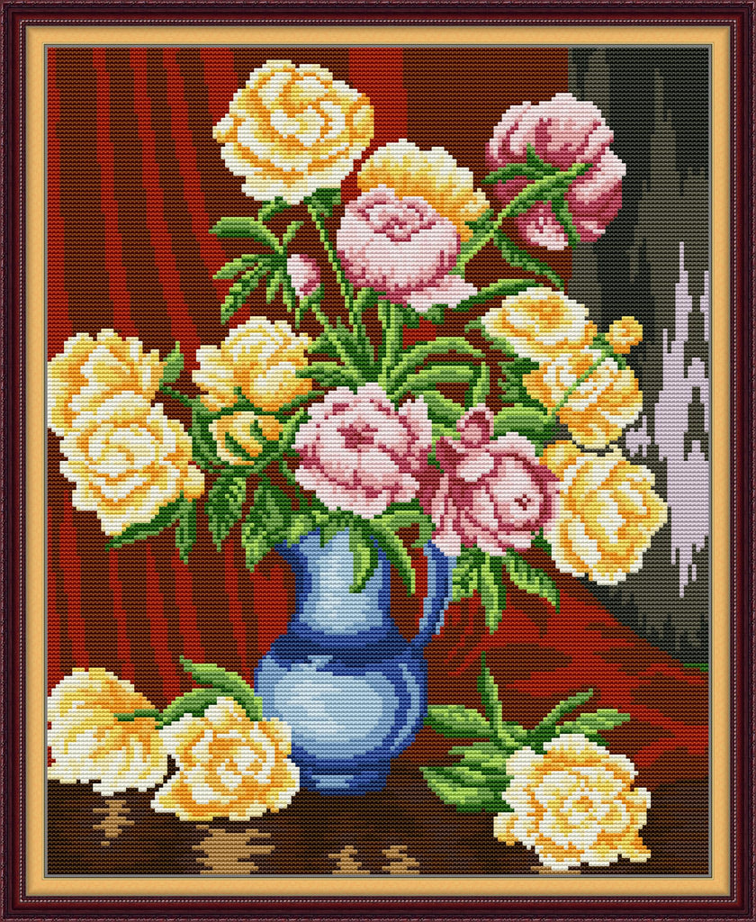 Kreuzstich | Blumenstrauß in blauer Vase - 16 x 20 cm