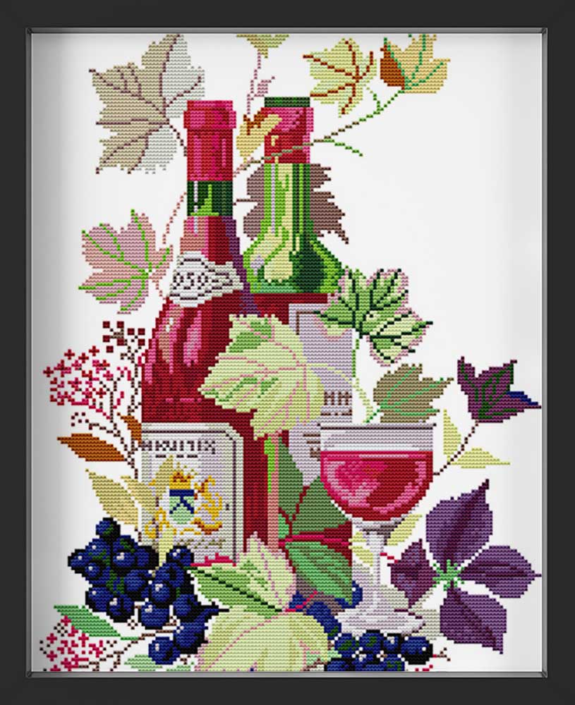 Kreuzstich - Weinflasche mit Blättern | 30x40 cm - Diy - Fadenkunst