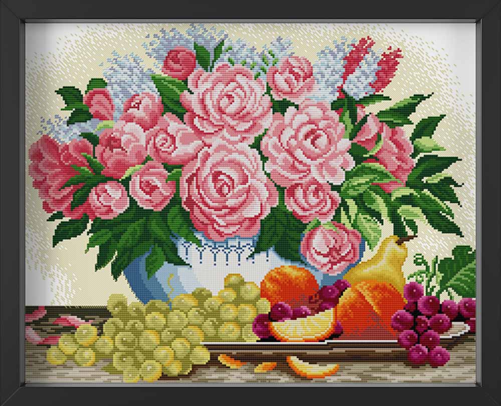 Kreuzstich - Blumenvase mit Obst | 50x40 cm - Diy - Fadenkunst
