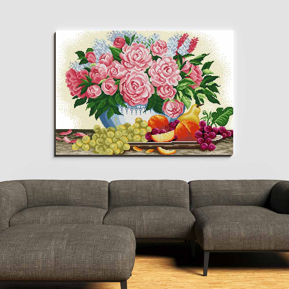 Kreuzstich - Blumenvase mit Obst | 50x40 cm - Diy - Fadenkunst