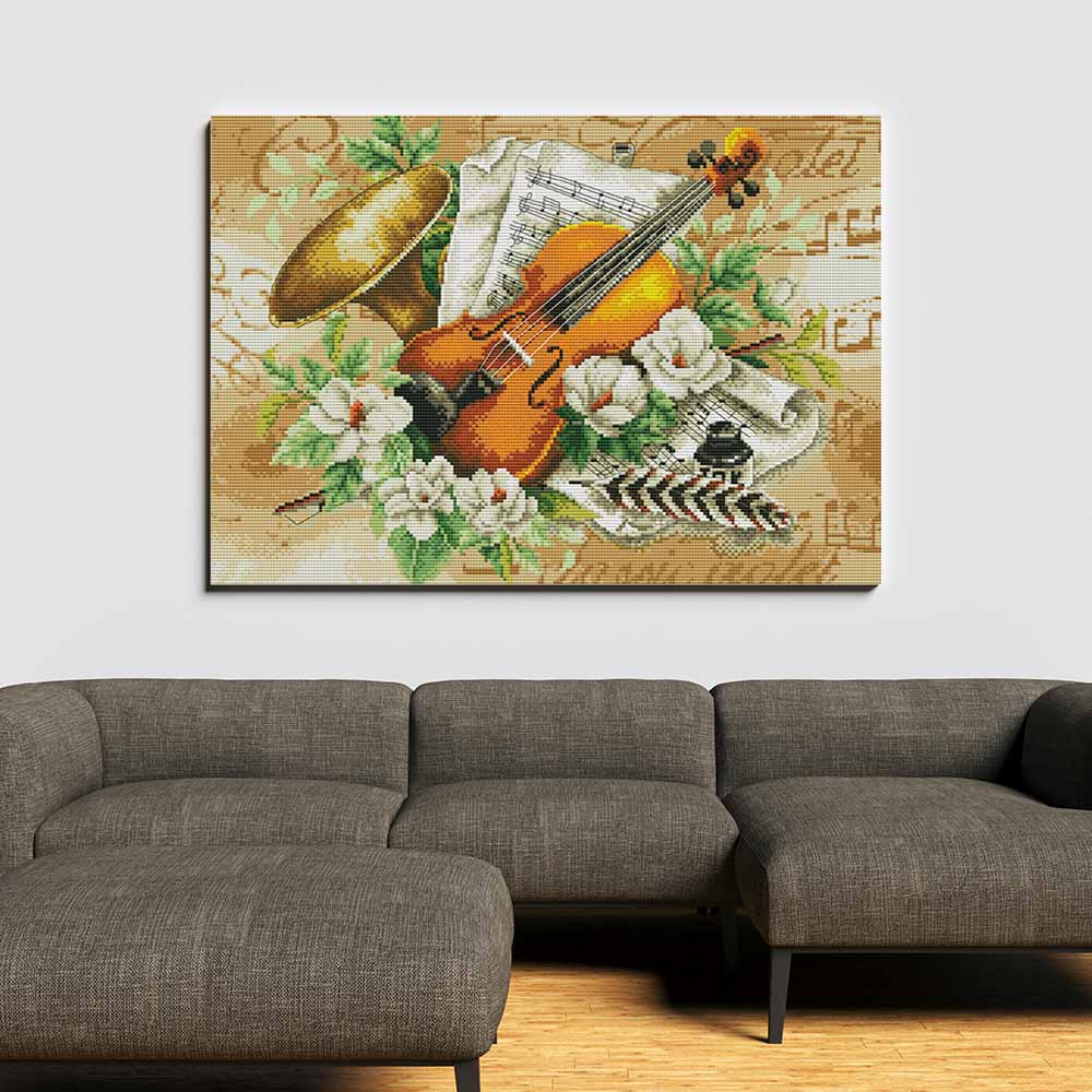 Kreuzstich -  Gitarre mit Blumen | 50x30 cm - Diy - Fadenkunst