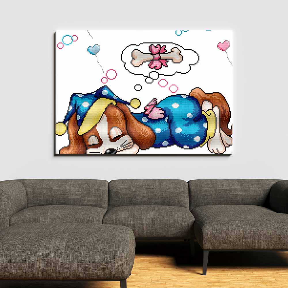 Kreuzstich - kleiner Hund am schlafen | 40x30 cm - Diy - Fadenkunst