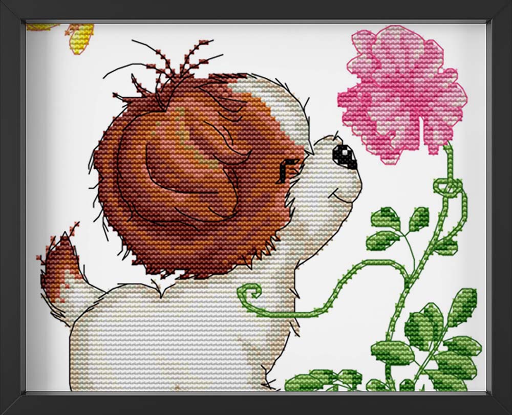 Kreuzstich -  kleiner Hund mit Blume | 20x25 cm - Diy - Fadenkunst