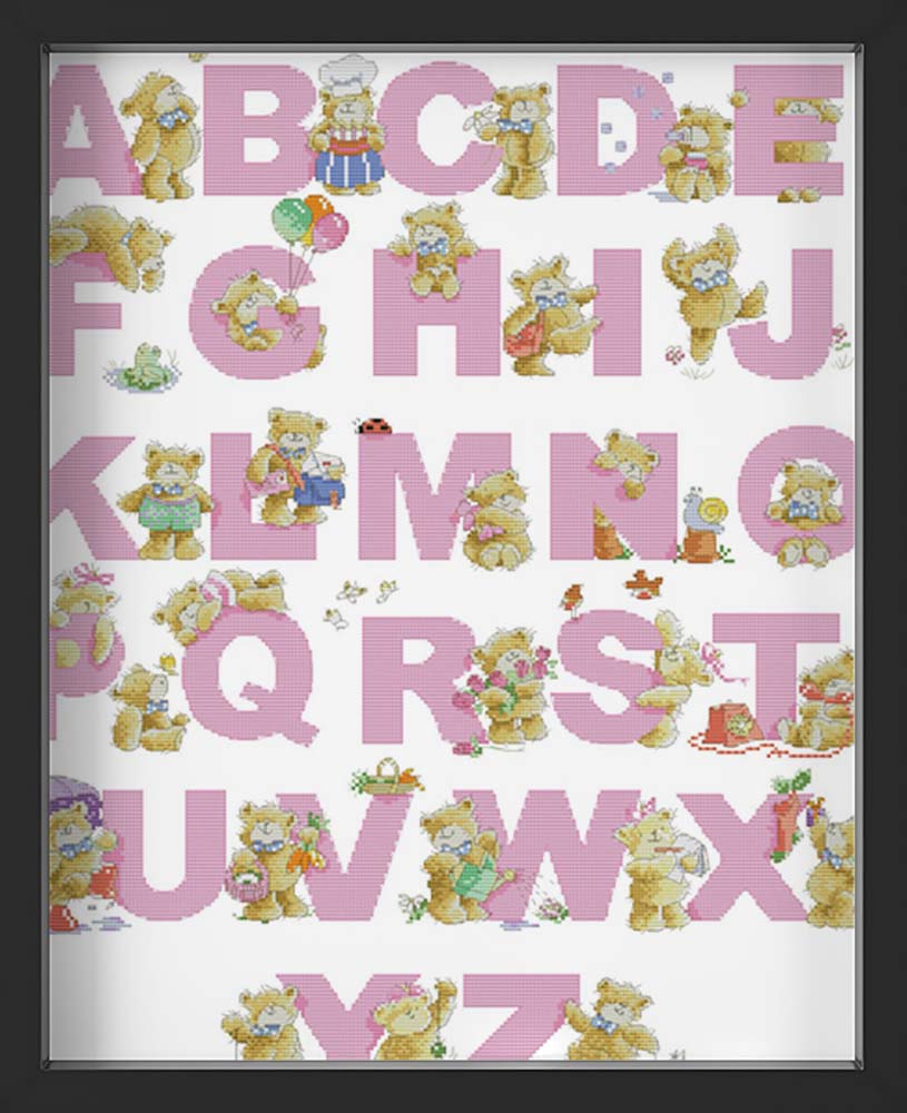 Kreuzstich - Teddy ABC rosa | 60x60 cm - Diy - Fadenkunst