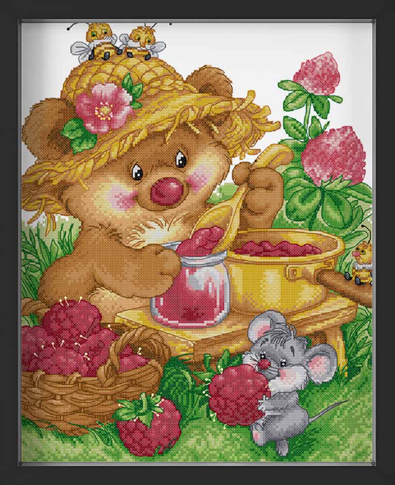 Kreuzstich - Teddy am gärtnern | 30x40 cm - Diy - Fadenkunst