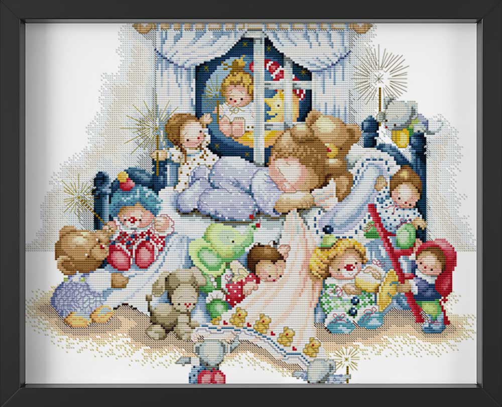 Kreuzstich -  Kind geht zu Bett mit Teddys | 50x40 cm - Diy - Fadenkunst
