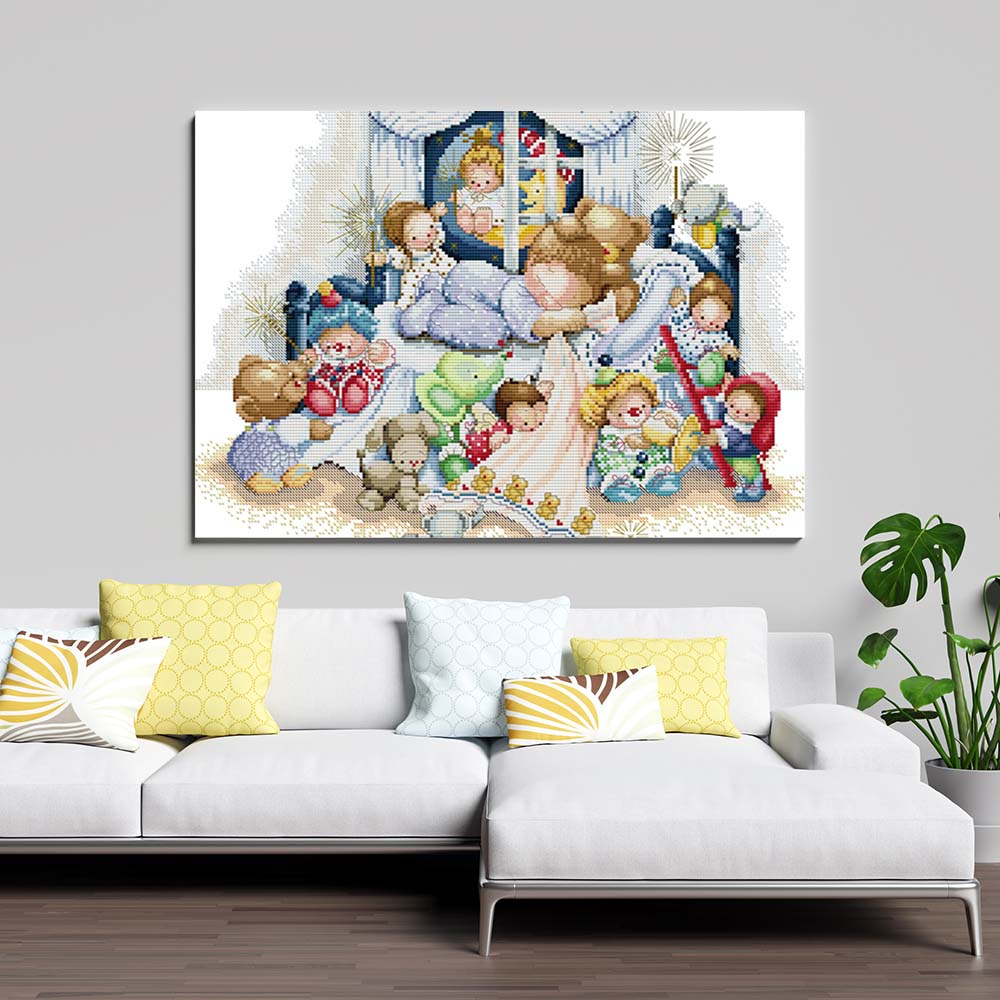 Kreuzstich -  Kind geht zu Bett mit Teddys | 50x40 cm - Diy - Fadenkunst