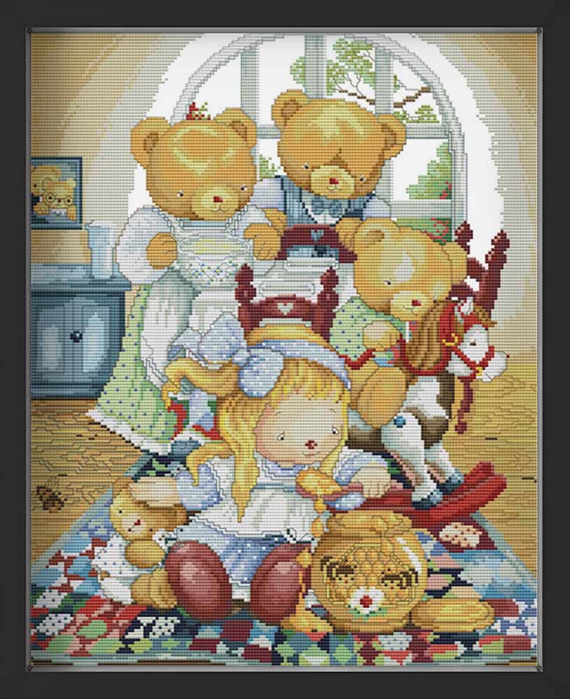 Kreuzstich - Teddys mit Mädchen im Spielzimmer | 40x50 cm - Diy - Fadenkunst