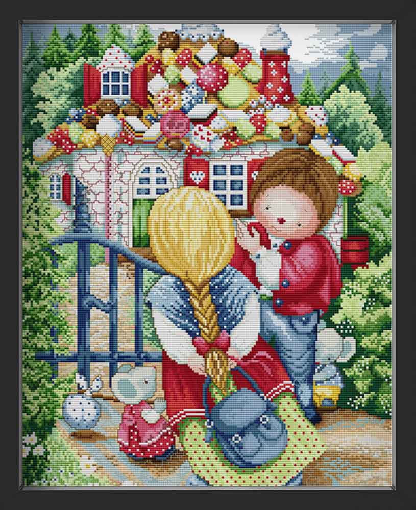 Kreuzstich - Kinder vor Süßigkeitenhaus | 40x50 cm - Diy - Fadenkunst
