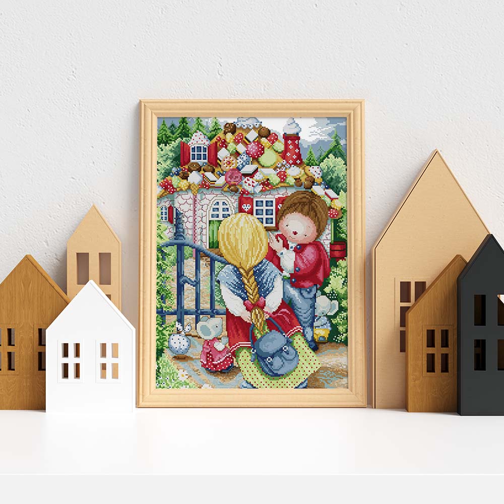Kreuzstich - Kinder vor Süßigkeitenhaus | 40x50 cm - Diy - Fadenkunst