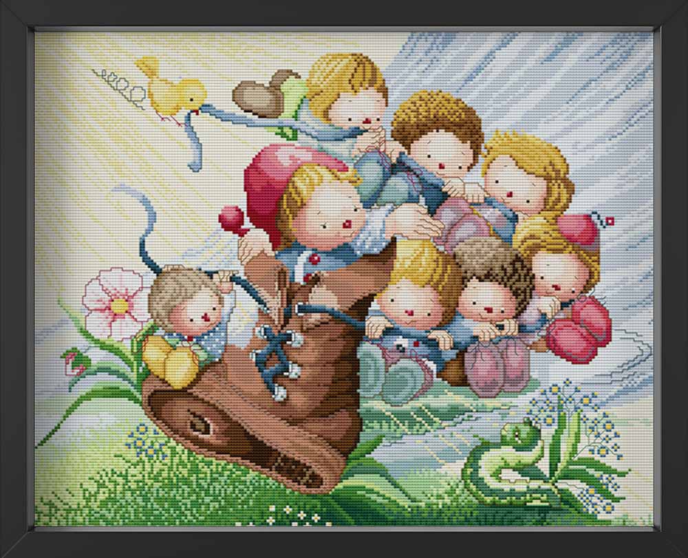 Kreuzstich -  süßes Kinderbild Kind mit Schuh | 50x40 cm - Diy - Fadenkunst