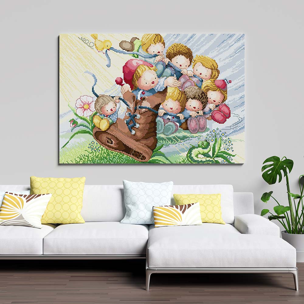 Kreuzstich -  süßes Kinderbild Kind mit Schuh | 50x40 cm - Diy - Fadenkunst