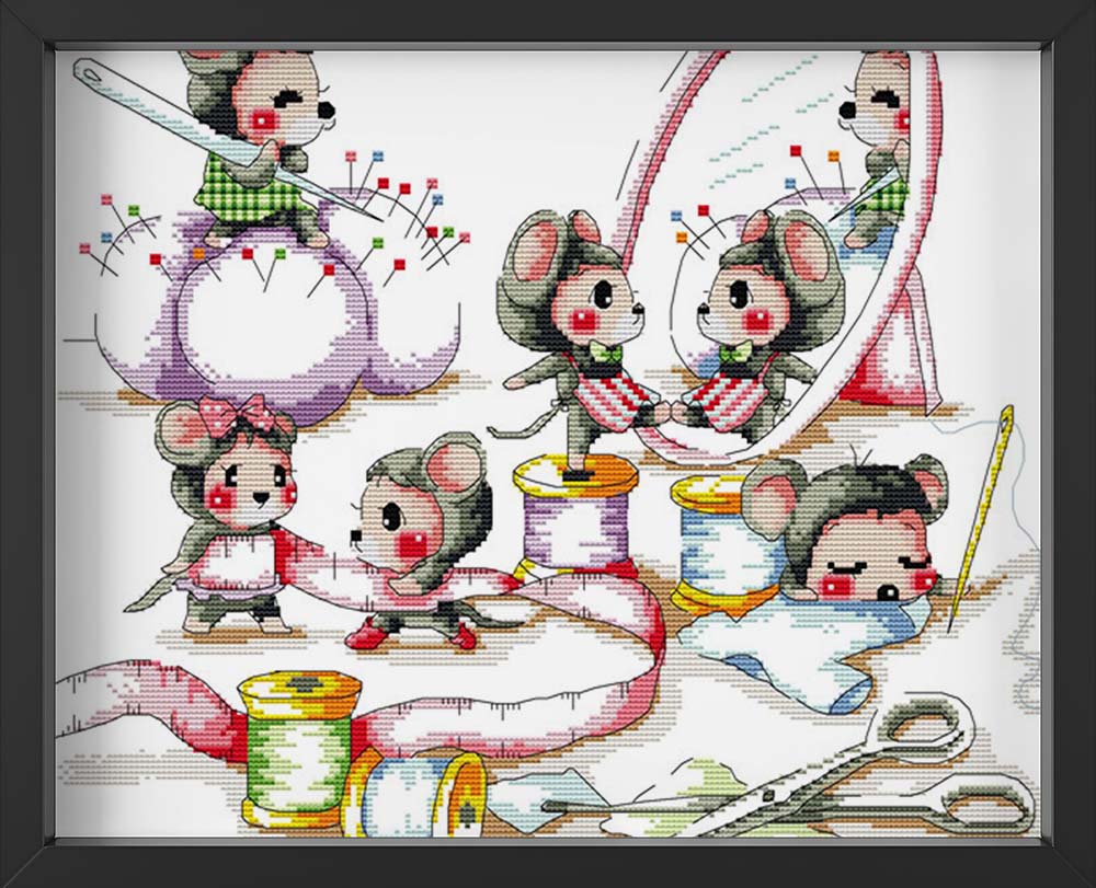 Kreuzstich -  kleine Mäuse am stricken | 40x40 cm - Diy - Fadenkunst