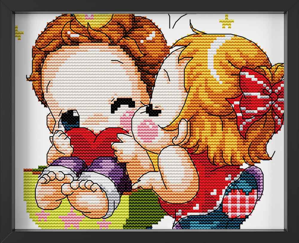 Kreuzstich -   Zwei Kinder geben sich Küsschen mit Herz | 20x20 cm - Diy - Fadenkunst