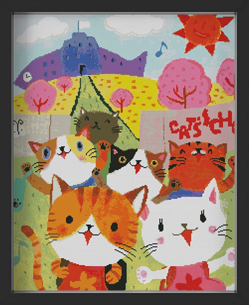 Kreuzstich - Abstrakte bunte Katzen | 50x60 cm - Diy - Fadenkunst