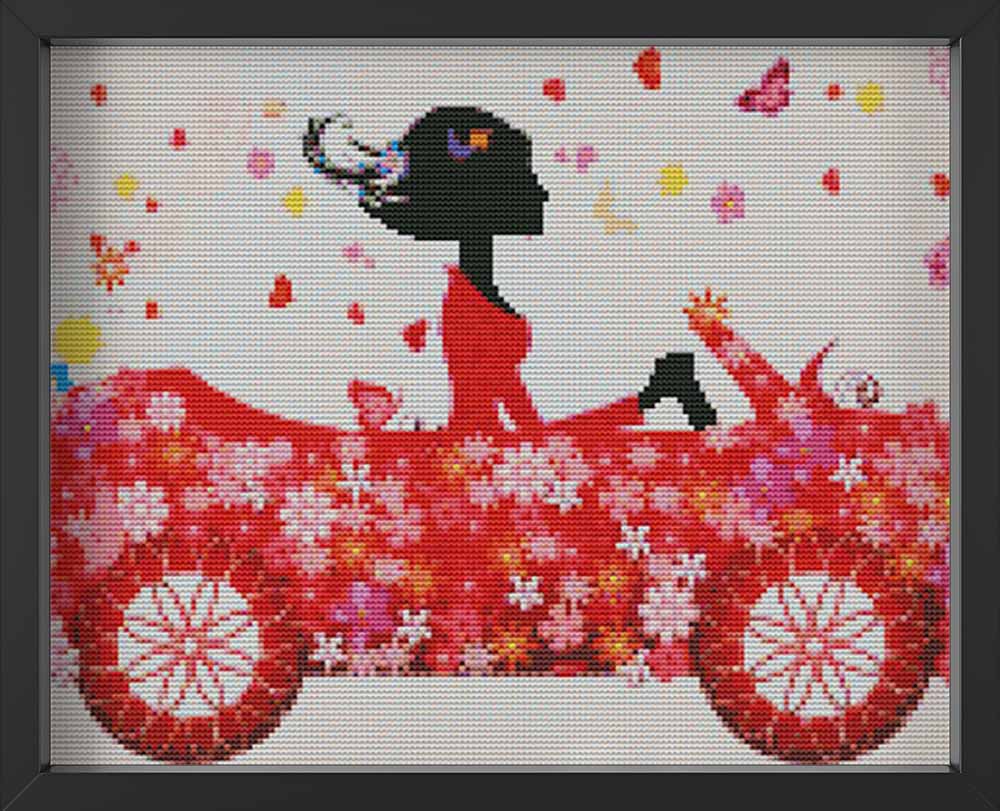 Kreuzstich - Frau im Blumen Auto | 50x30 - Diy - Fadenkunst