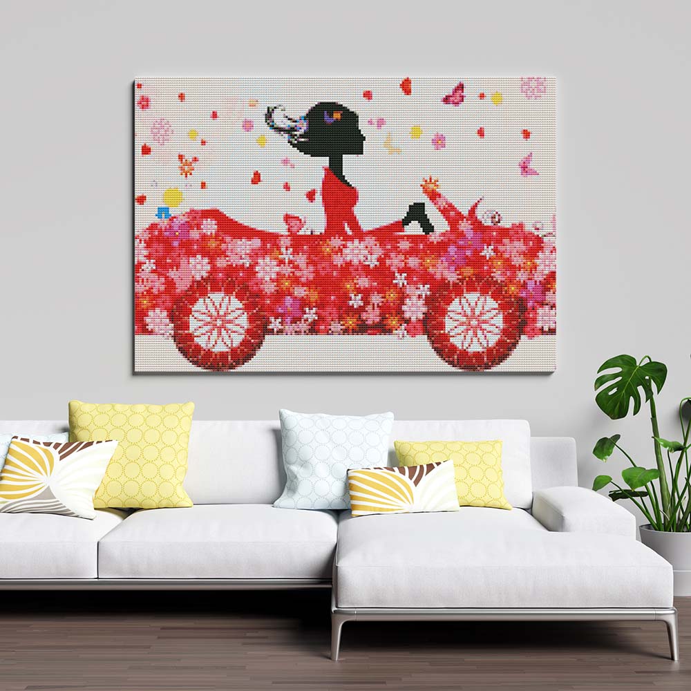 Kreuzstich - Frau im Blumen Auto | 50x30 - Diy - Fadenkunst