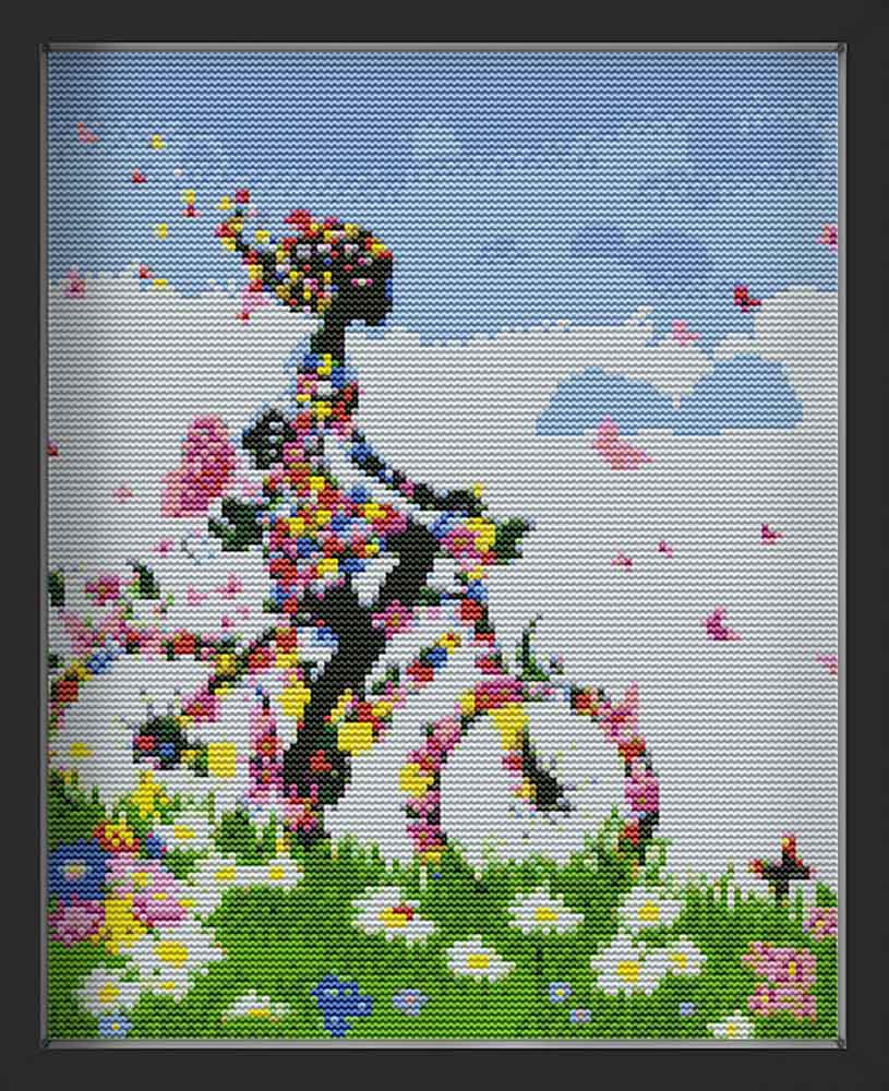 Kreuzstich -  Blumenkind mit Fahrrad | 35x35 cm - Diy - Fadenkunst