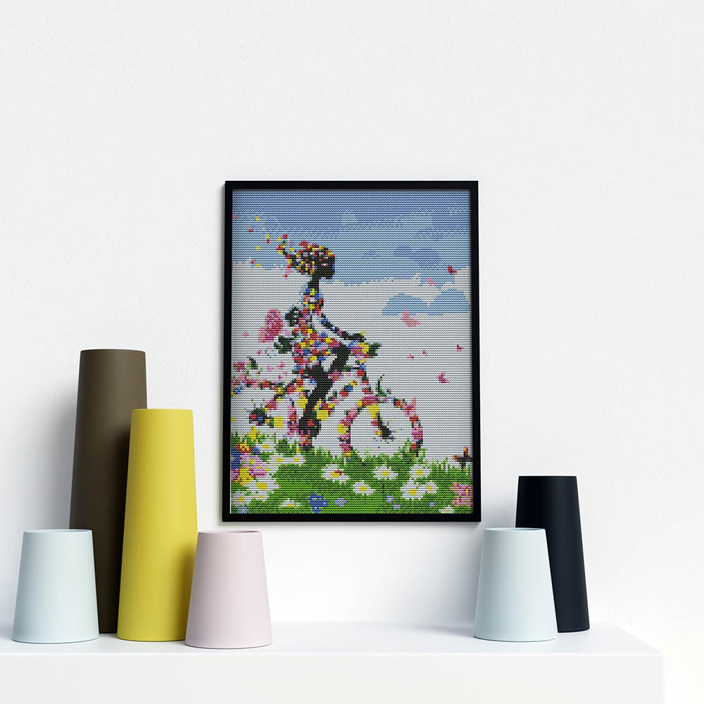 Kreuzstich -  Blumenkind mit Fahrrad | 35x35 cm - Diy - Fadenkunst