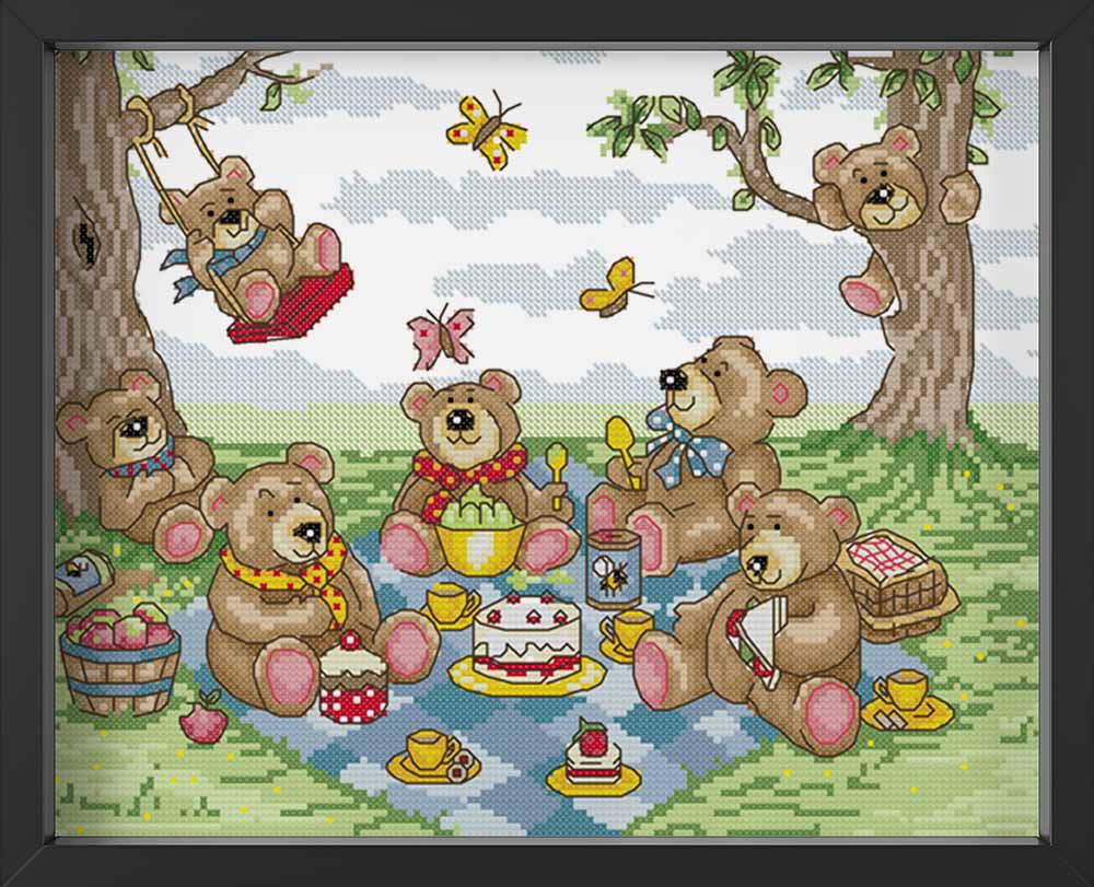 Kreuzstich -   Bärenfamilie am picknicken | 35x30 cm - Diy - Fadenkunst