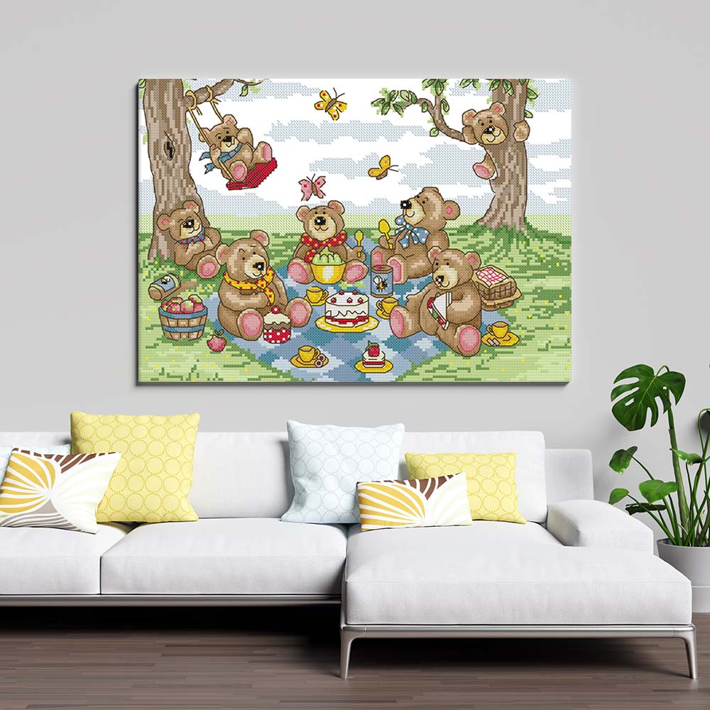 Kreuzstich -   Bärenfamilie am picknicken | 35x30 cm - Diy - Fadenkunst