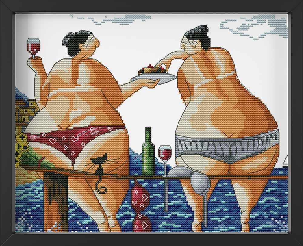 Kreuzstich -  Abstrakte Person am Meer | 30x30 cm - Diy - Fadenkunst