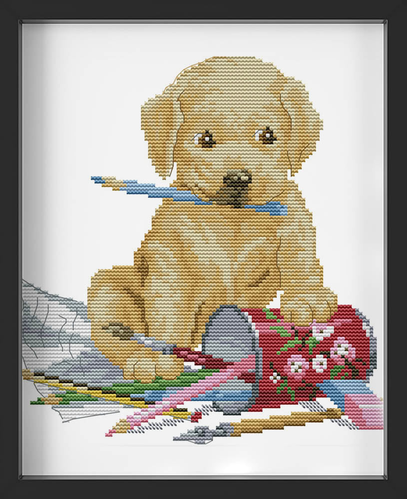 Kreuzstich - Hund am spielen | 28x28 cm - Diy - Fadenkunst