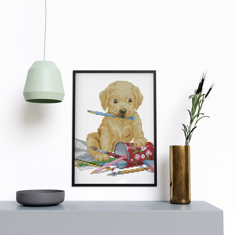 Kreuzstich - Hund am spielen | 28x28 cm - Diy - Fadenkunst