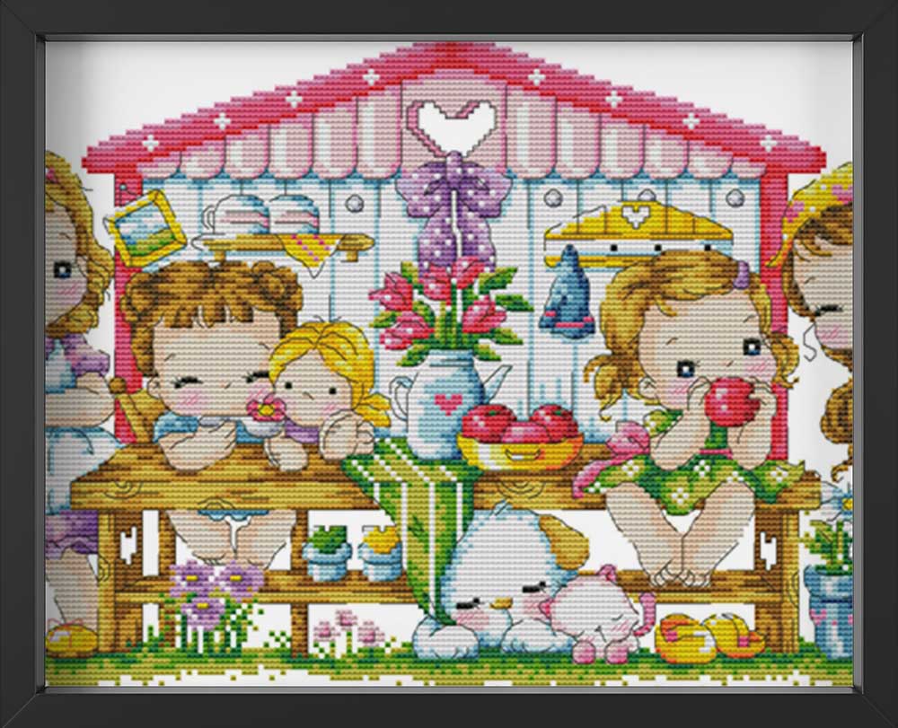 Kreuzstich -  süße Kinder draußen | 50x30 cm - Diy - Fadenkunst