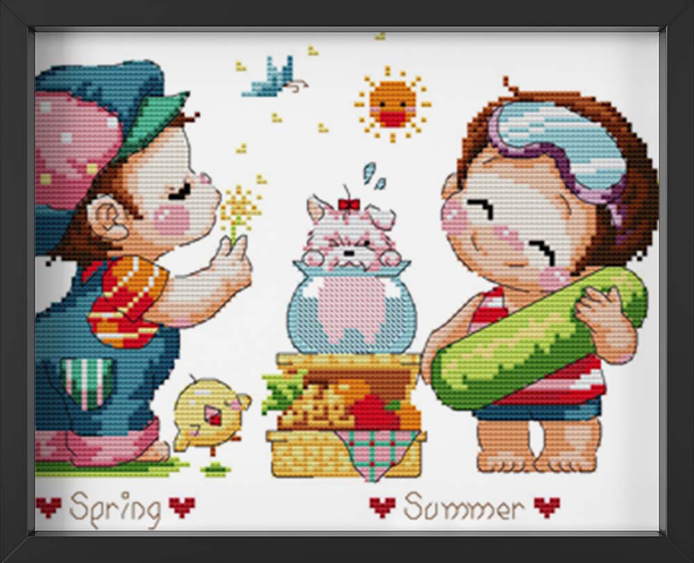 Kreuzstich -  zwei Kinder Frühling Sommer | 60x30 cm - Diy - Fadenkunst