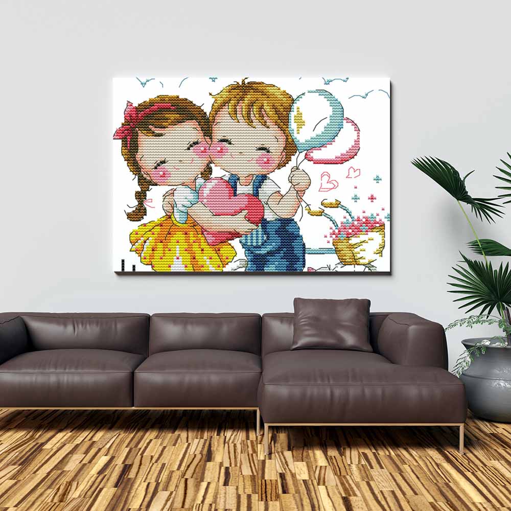 Kreuzstich -  zwei Kinder mit Fahrrad und Ballon | 25x25 cm - Diy - Fadenkunst