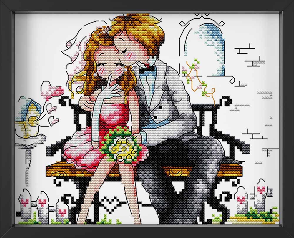 Kreuzstich - verliebtes Pärchen auf einer Bank | 30x20 cm - Diy - Fadenkunst