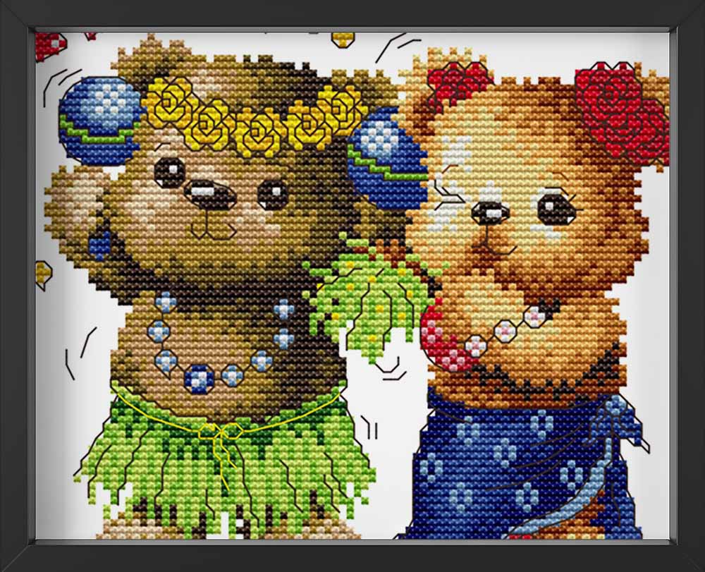 Kreuzstich - zwei Teddys am tanzen | 20x20 cm - Diy - Fadenkunst