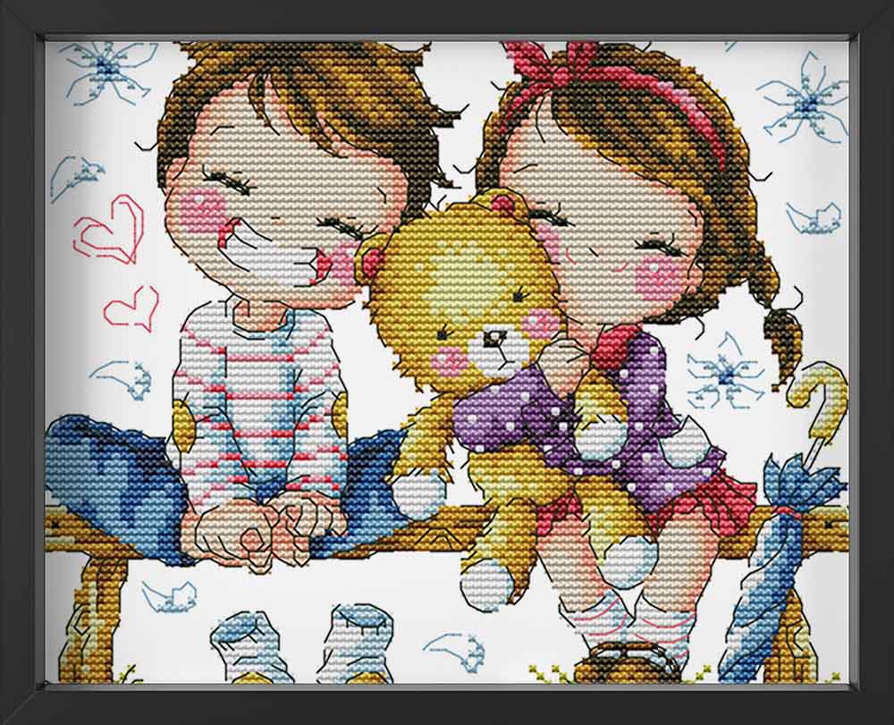 Kreuzstich - Kinder mit Teddybär | 25x25 cm - Diy - Fadenkunst