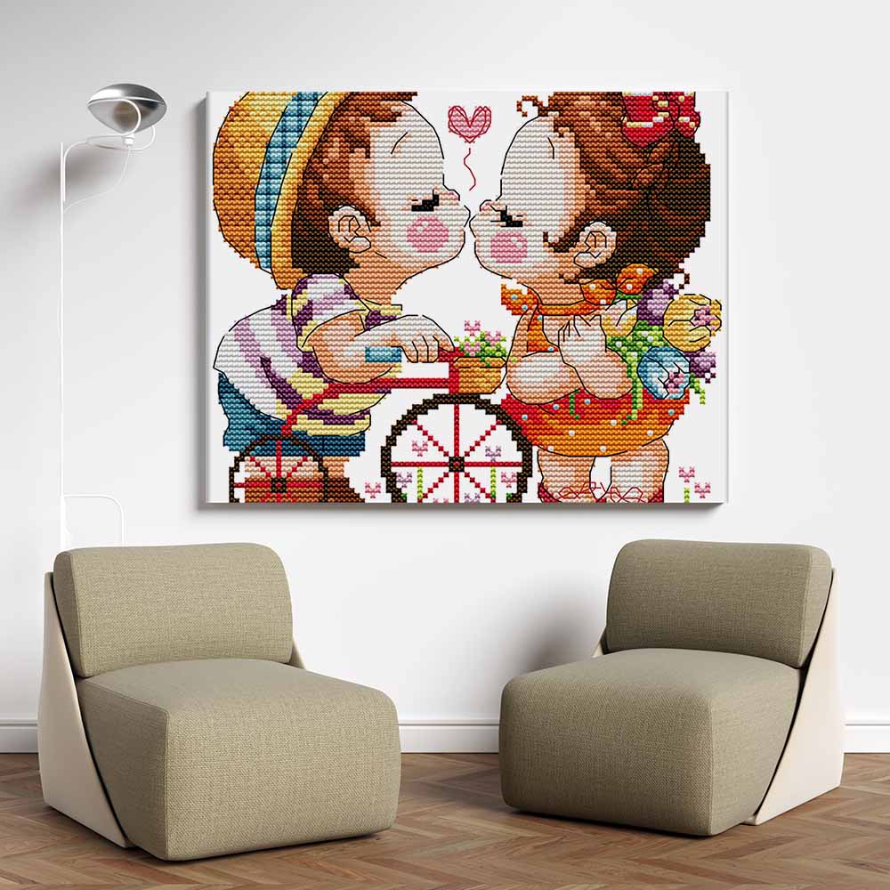 Kreuzstich - Kinder verliebt mit Fahrrad | 25x20 cm - Diy - Fadenkunst