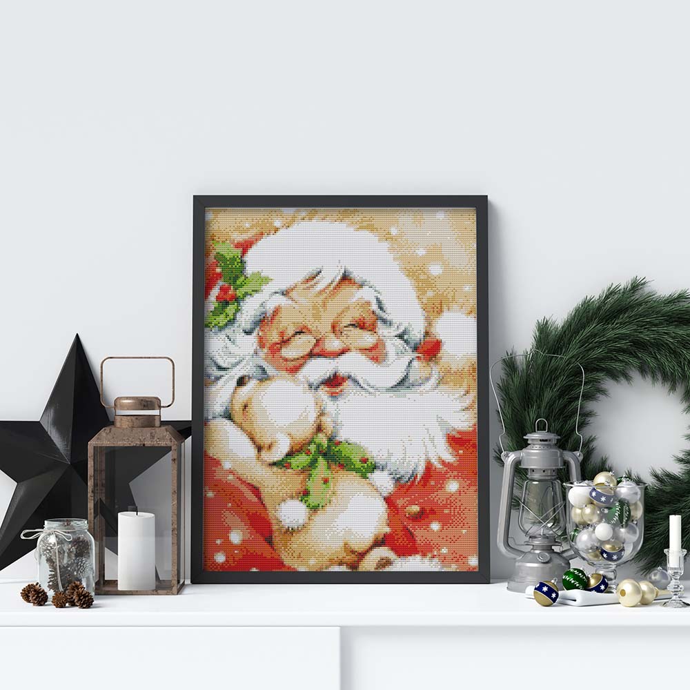 Kreuzstich - Weihnachtsmann mit Teddy | 30x40 - Diy - Fadenkunst