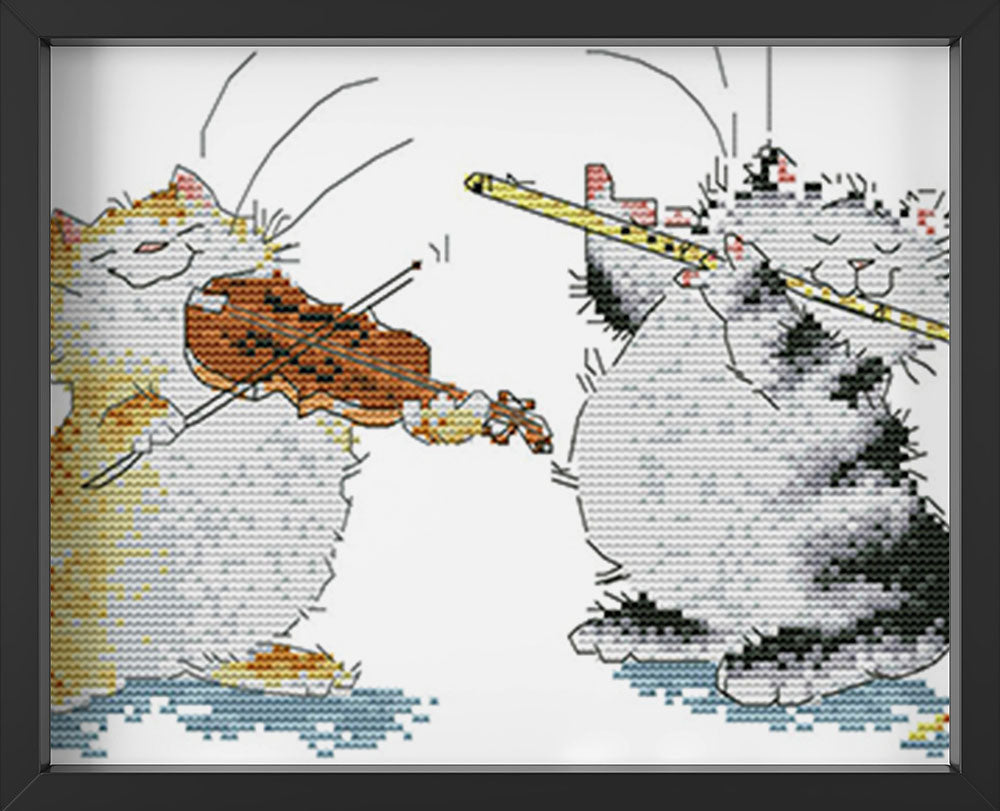 Kreuzstich - zwei Katzen spielen Instrument | 50x20 cm - Diy - Fadenkunst