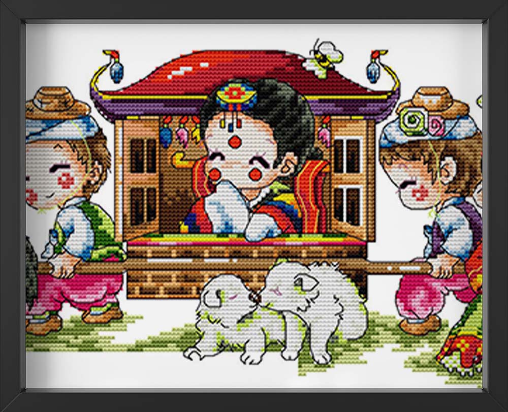 Kreuzstich - drei Kinder mit chinesischer Trage | 50x20 cm - Diy - Fadenkunst