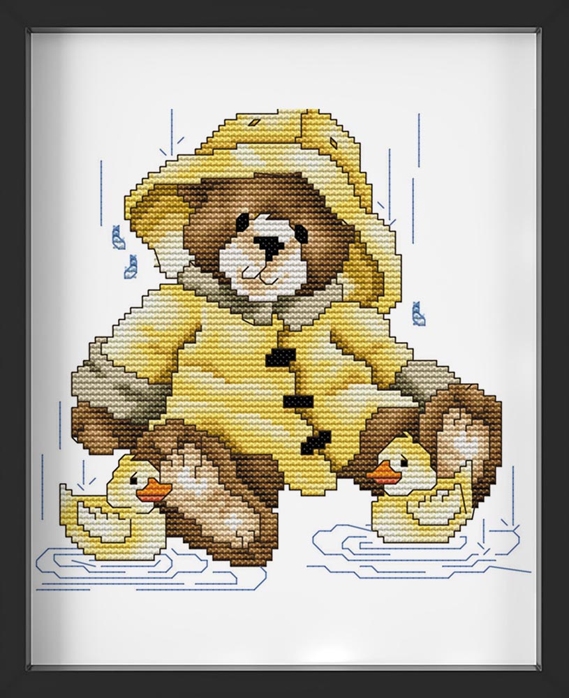Kreuzstich - Teddy im Regen | 20x20 cm - Diy - Fadenkunst
