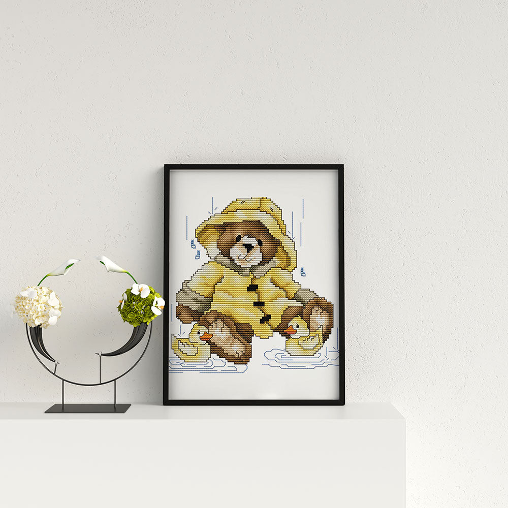 Kreuzstich - Teddy im Regen | 20x20 cm - Diy - Fadenkunst