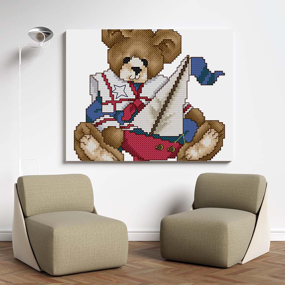 Kreuzstich - Teddy als Seemann mit Schiff | 20x20 cm - Diy - Fadenkunst