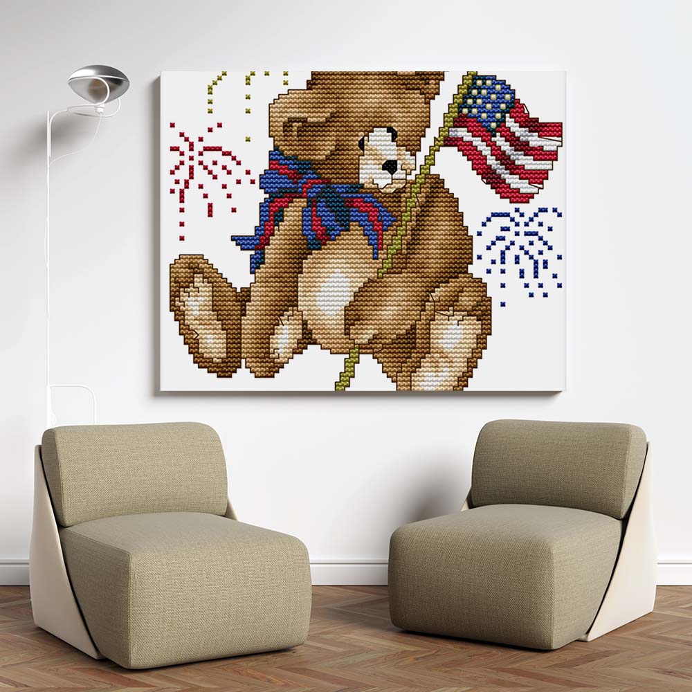 Kreuzstich - Teddy mit USA Flagge | 20x20 cm - Diy - Fadenkunst