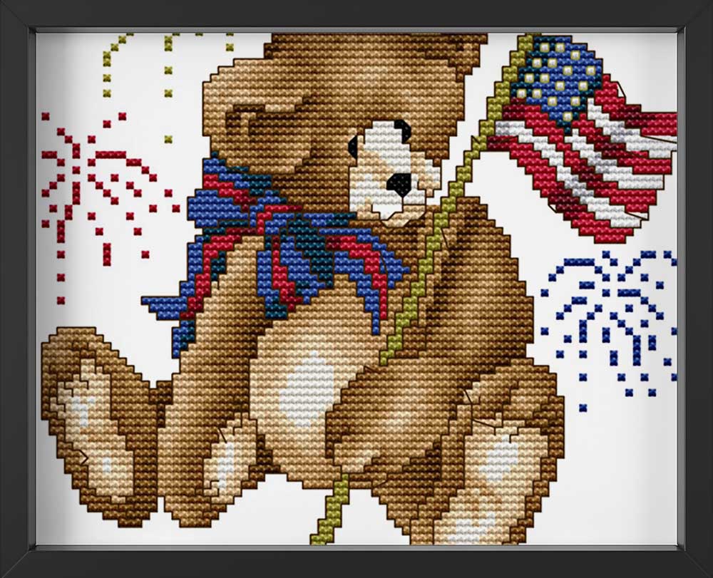 Kreuzstich - Teddy mit USA Flagge | 20x20 cm - Diy - Fadenkunst