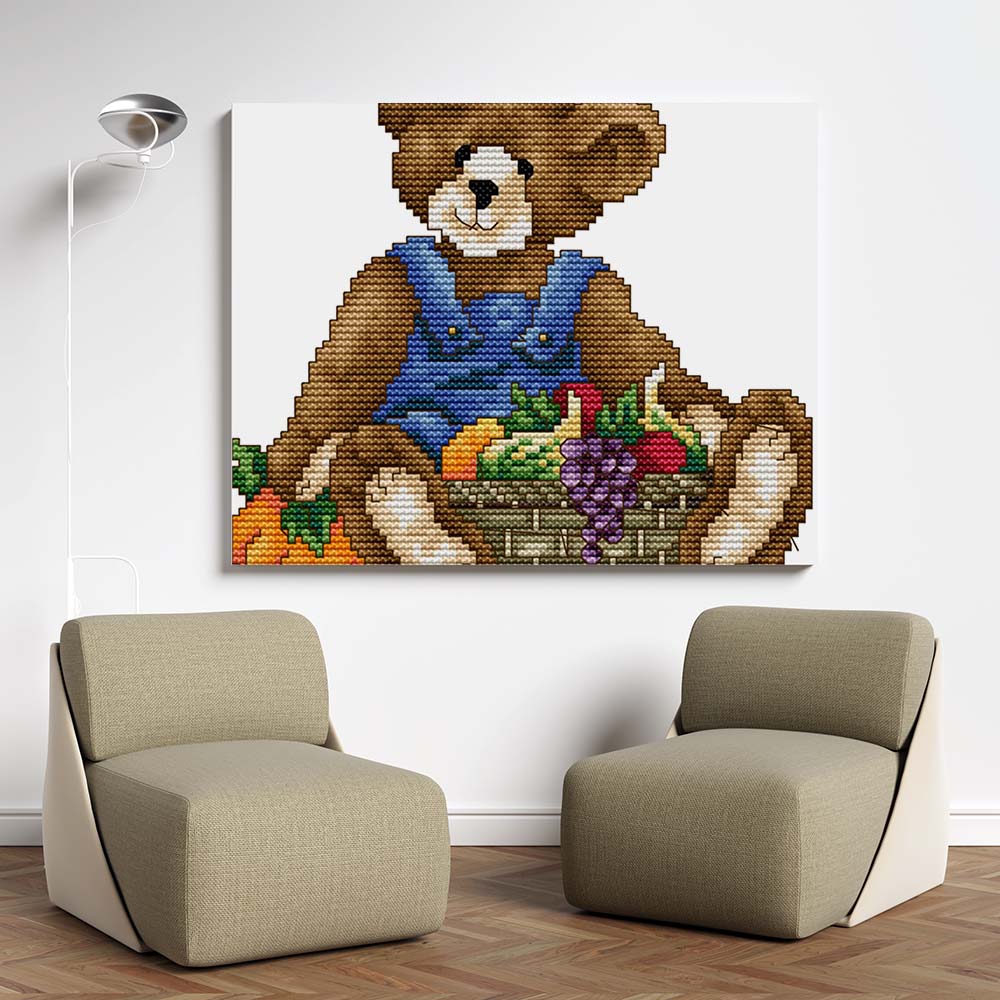 Kreuzstich - Teddy mit Obst und Gemüse | 20x20 cm - Diy - Fadenkunst