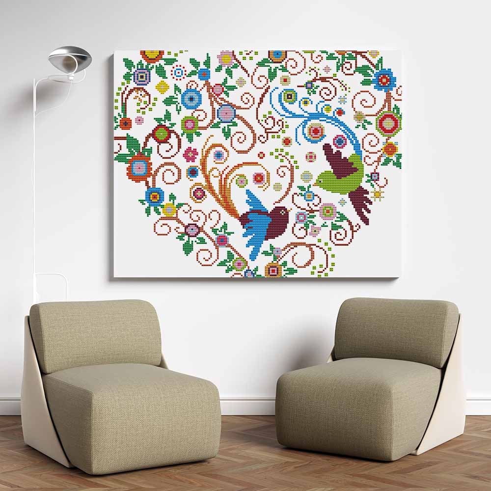 Kreuzstich - Herz mit Vögeln | 40x30 cm - Diy - Fadenkunst