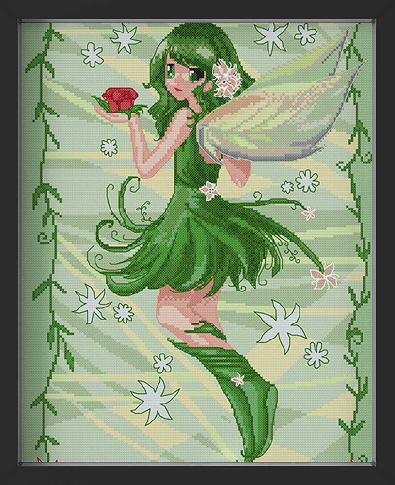 Kreuzstich - grüne Elfe | 30x40 cm - Diy - Fadenkunst
