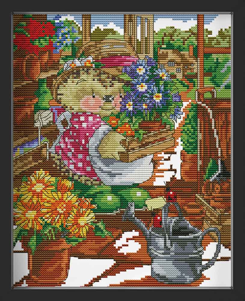 Kreuzstich - Igel am gärtnern mit Blumen | 20x30 cm - Diy - Fadenkunst